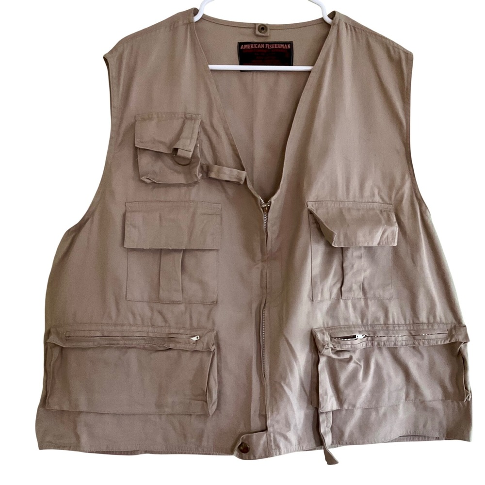 90s‎ VTG American Fisherman Utility Vest XL Beige Cotton Fly Fishing Gorpcore